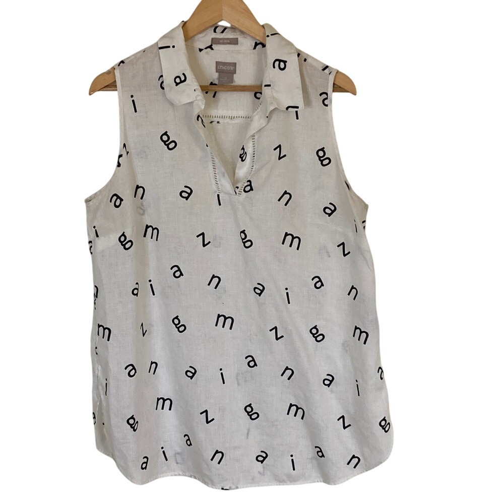 Chico's No Iron‎ Sleeveless Linen Top Letter Print Amazing Size 2 Large Casual